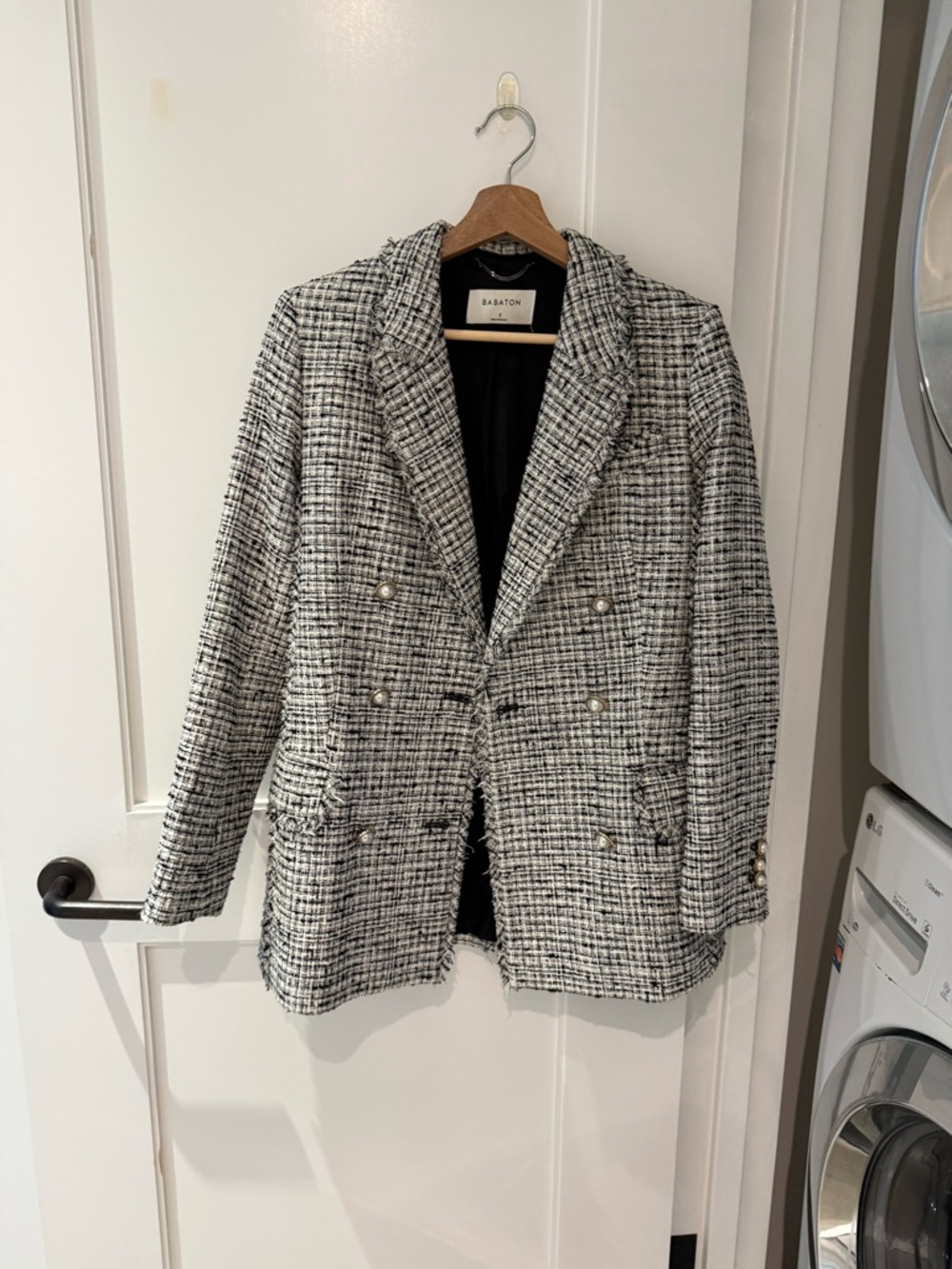 Babaton Black & White Tweed Double-Breasted Blazer Jacket